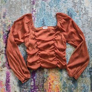 Arula Copper Shimmer Smocked Square Neck Ruched Crop Top With Long Mesh Sleeves